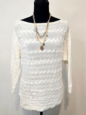 Lauren Ralph Lauren Cable Knit Sweater Ivory Medium Boat Neck Preppy Classic